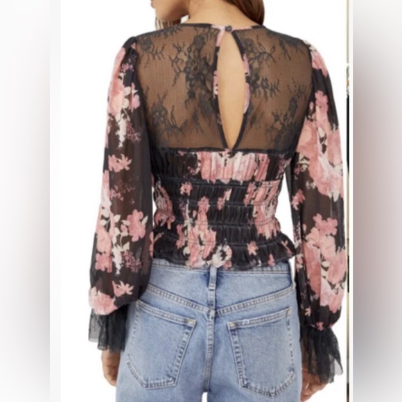 Free People Daphne Floral Lace Sheer Smocked Top Midnight Combo Boho Chic XS EUC - Picture 15 of 16